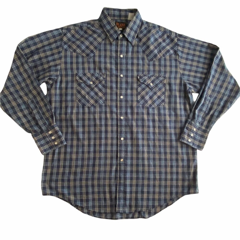 Plains Western Wear Shirt‎ Mens Large Blue Plaid Pearl Snap Long Sleeve Yoke